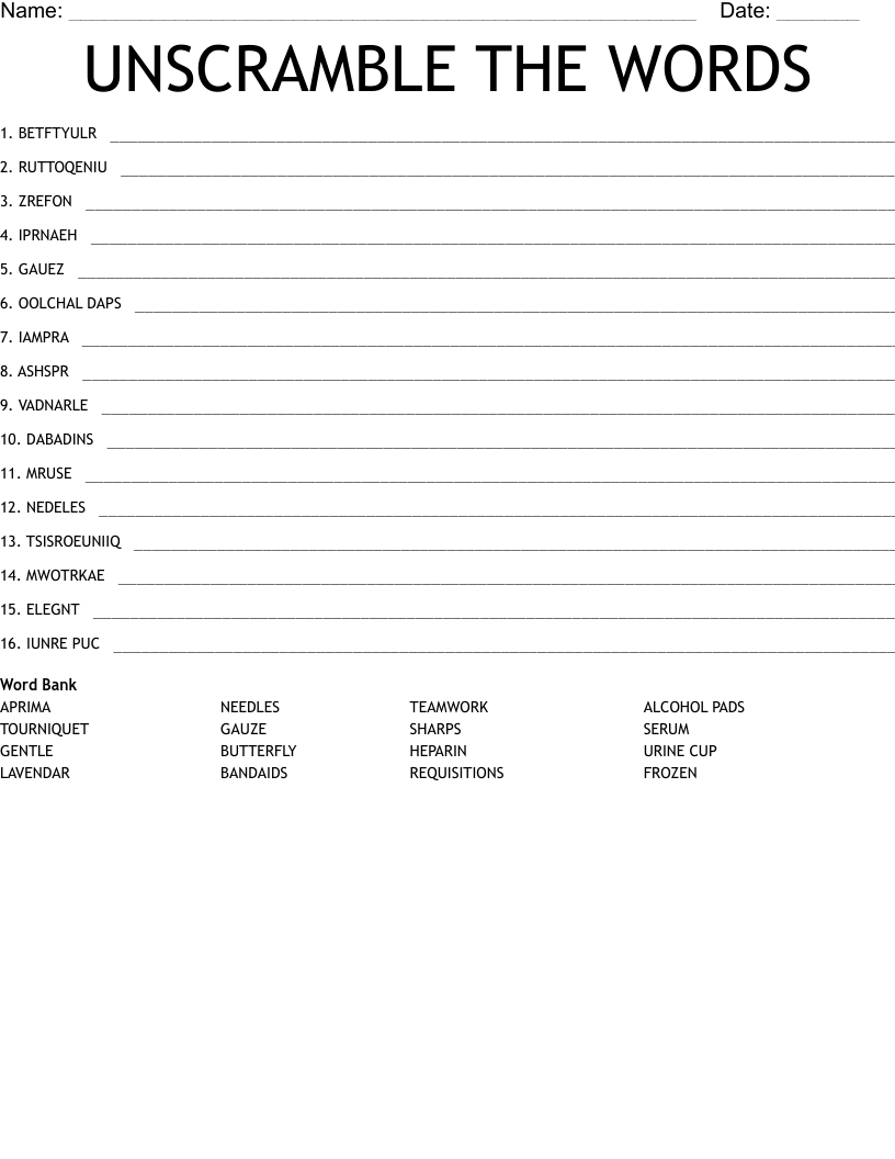 Unscramble Words Worksheet for Kids and Adults