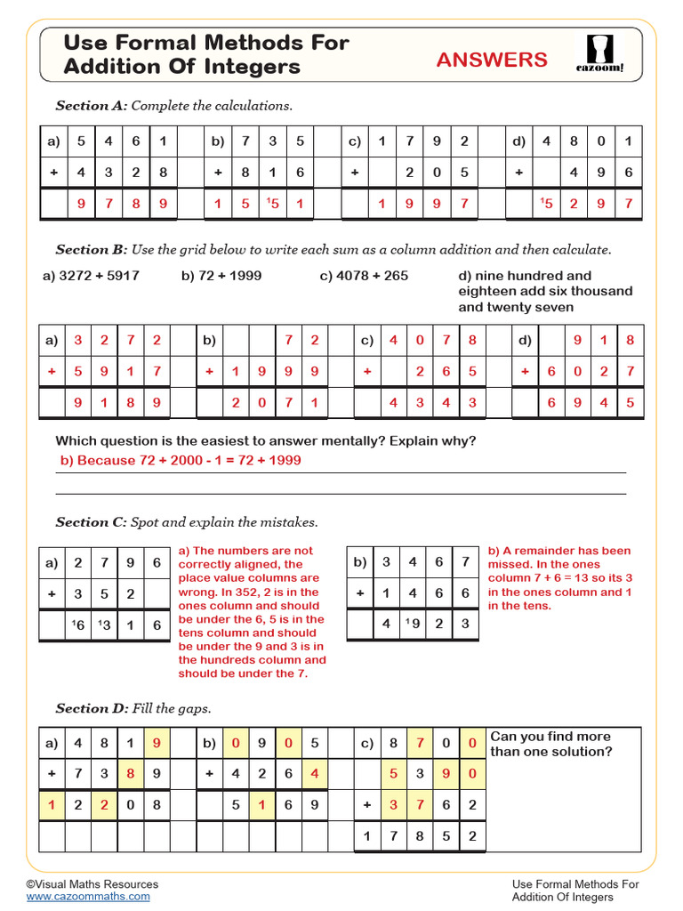 Use Formal Methods For Addition Of Integers Worksheet Fun And