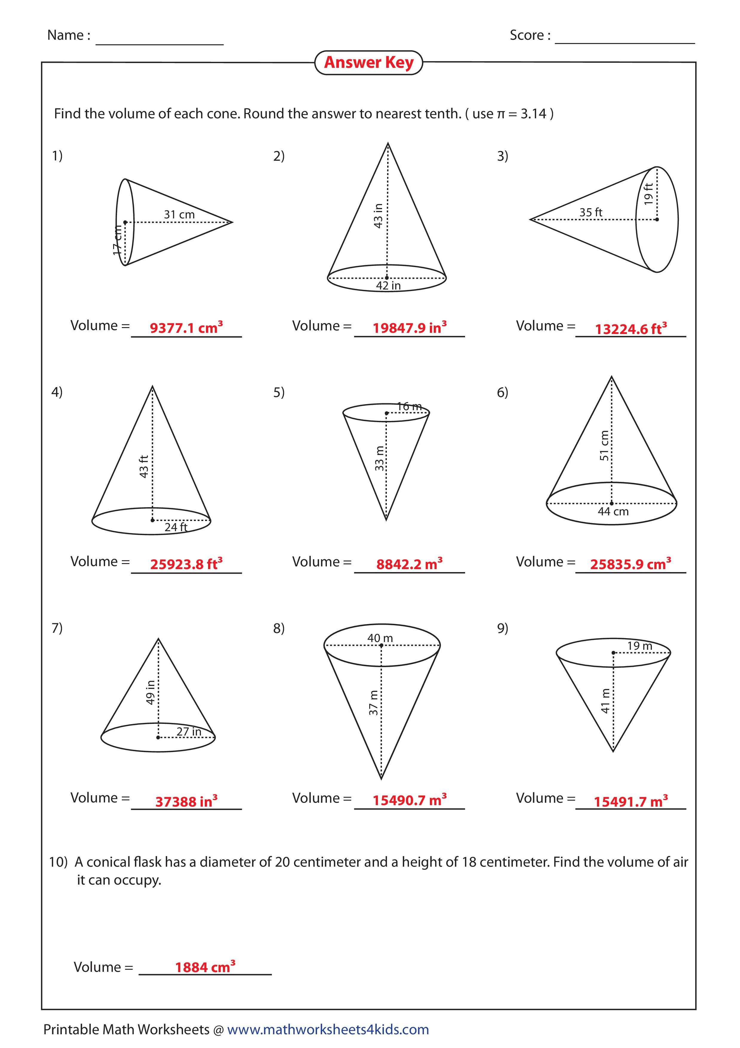 Cone Volume Worksheet Answer Key