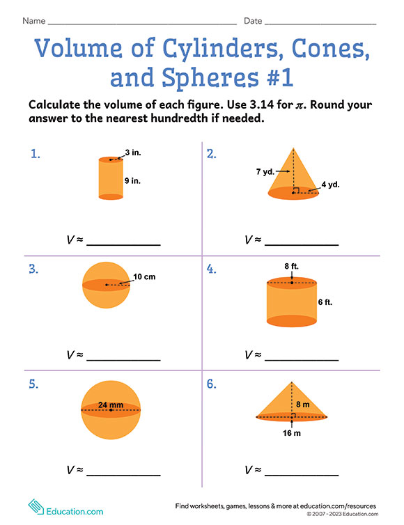 Cylinders Cones Spheres Volume Worksheet