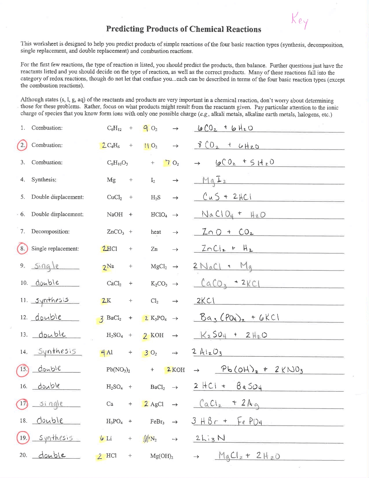 Worksheet Key For Predicting Products Of Chemical Reactions Exercises