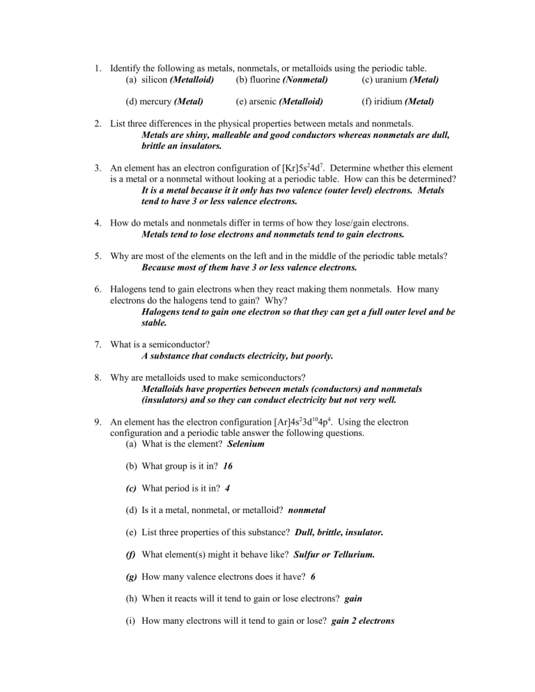 Worksheet Metals And Nonmetals Key