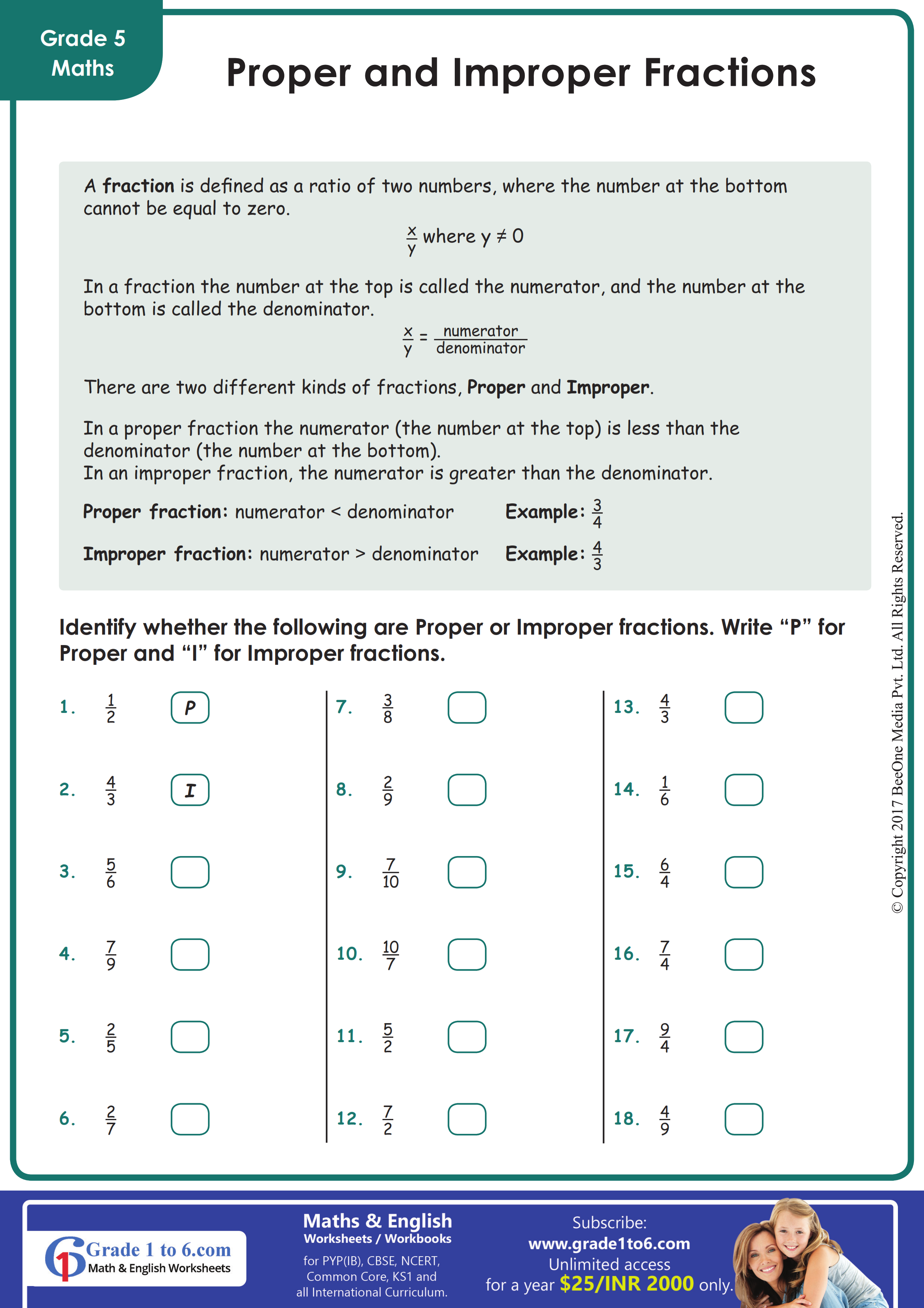 Worksheet On Improper Fraction