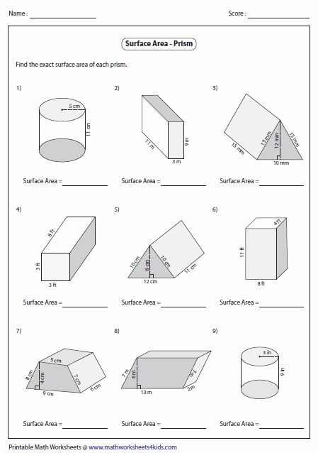 Worksheet On Surface Area Of Prisms