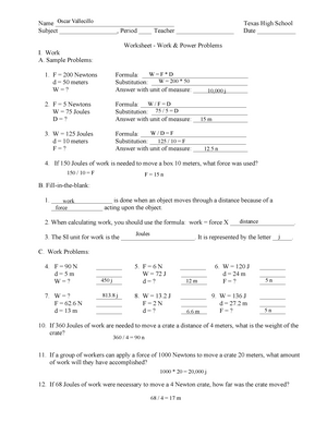 Worksheet Work Power Problems