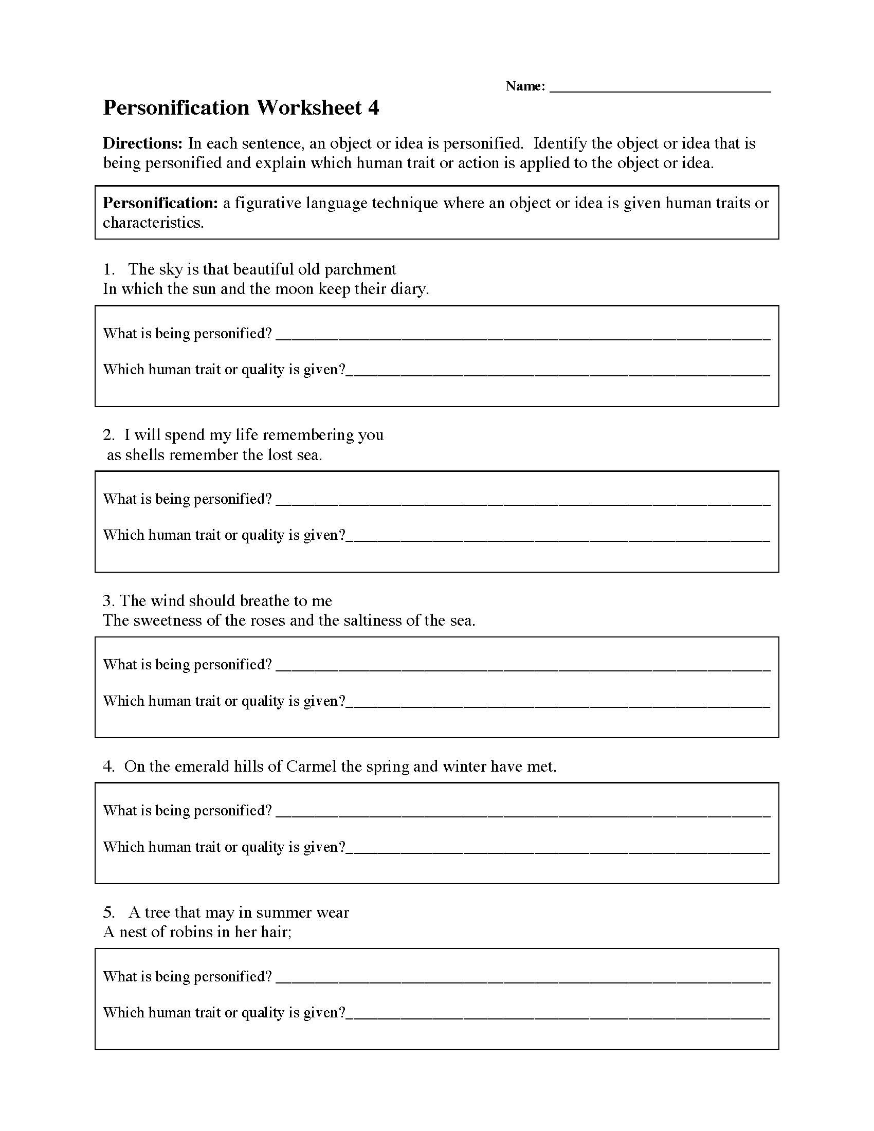 Worksheets For Personification