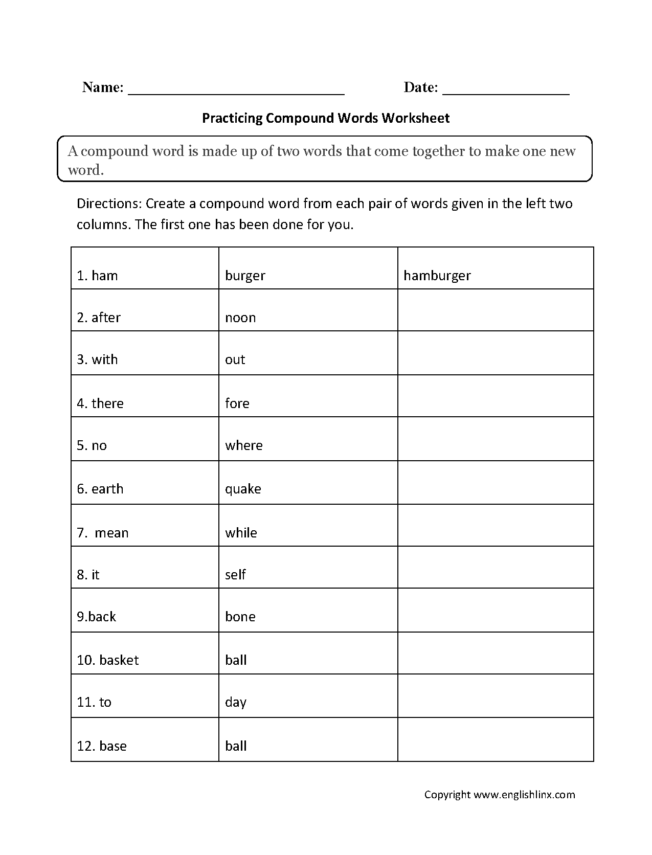 Worksheets On Compound Words With Pictures Worksheets Samples