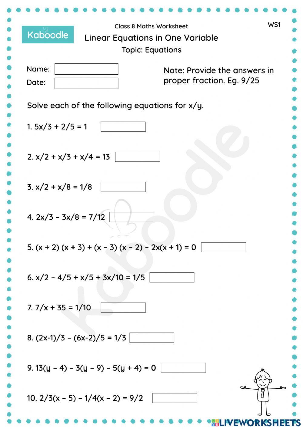 Solving Linear Equations in One Variable Worksheets