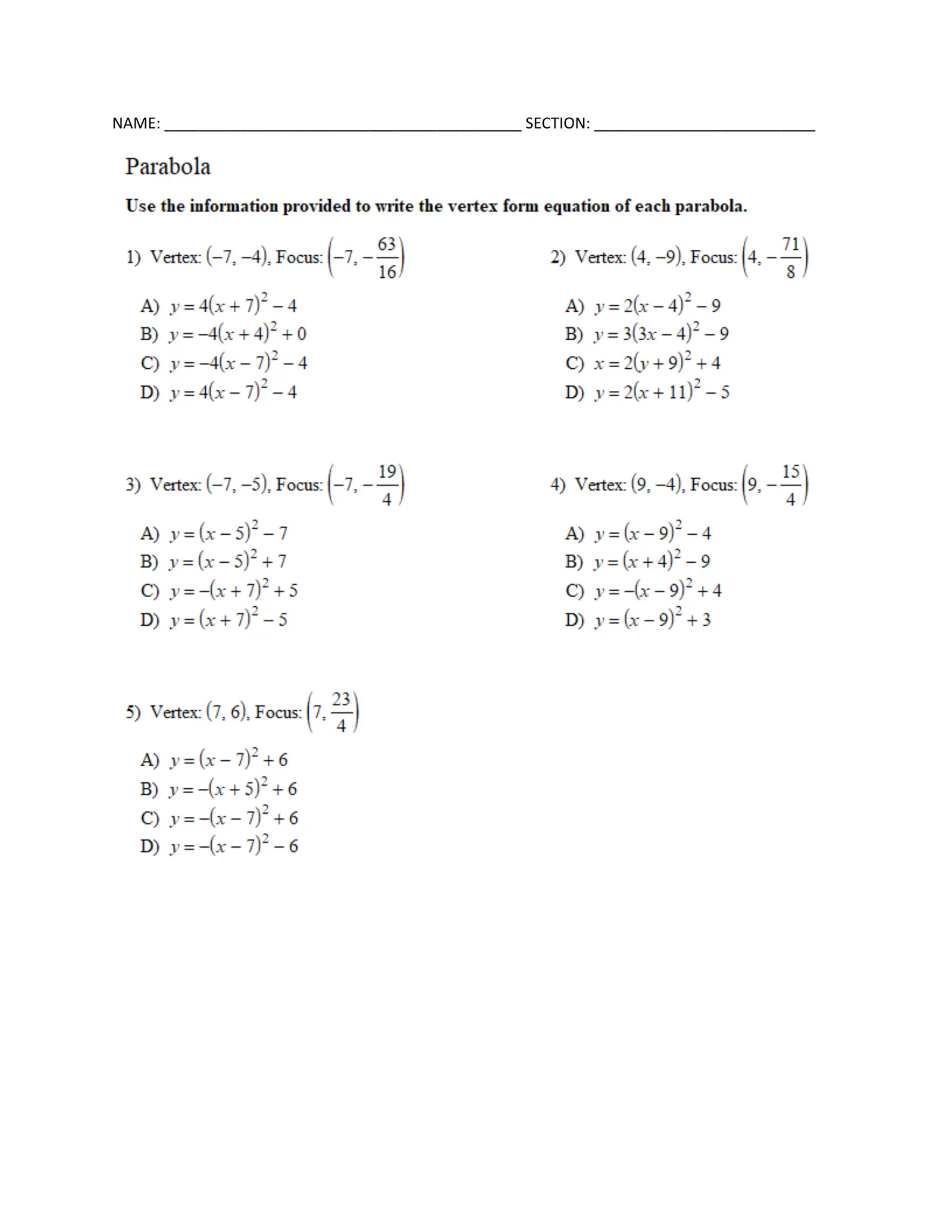 Parabolas Worksheets: Master the Concept with Easy Practice