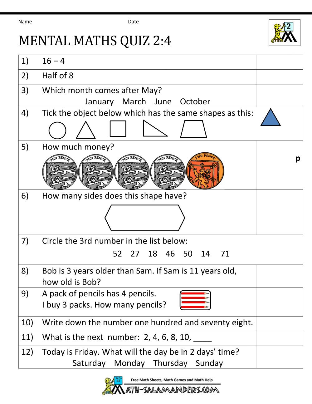 Worksheets Year 2