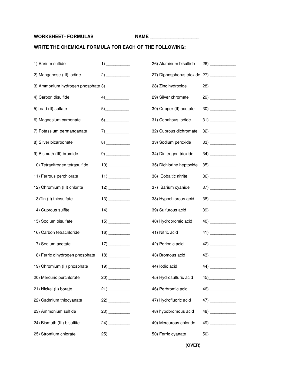 Writing Chemical Formulas Worksheet