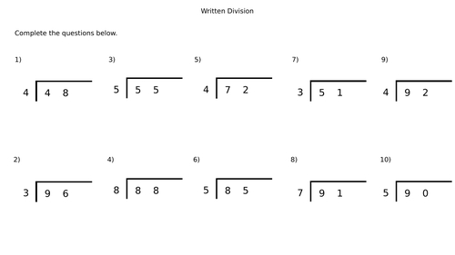 Written Division 2 Digit By 1 Digit With No Remainders Worksheets