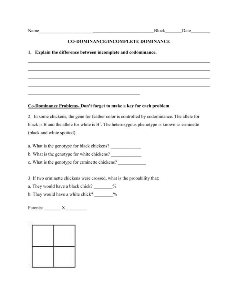 Ws Incomplete Codominant Practice 1 Pdf Name Period Date Codominant Incomplete Dominance Practice Worksheet 1 Explain The Difference Between Course Hero